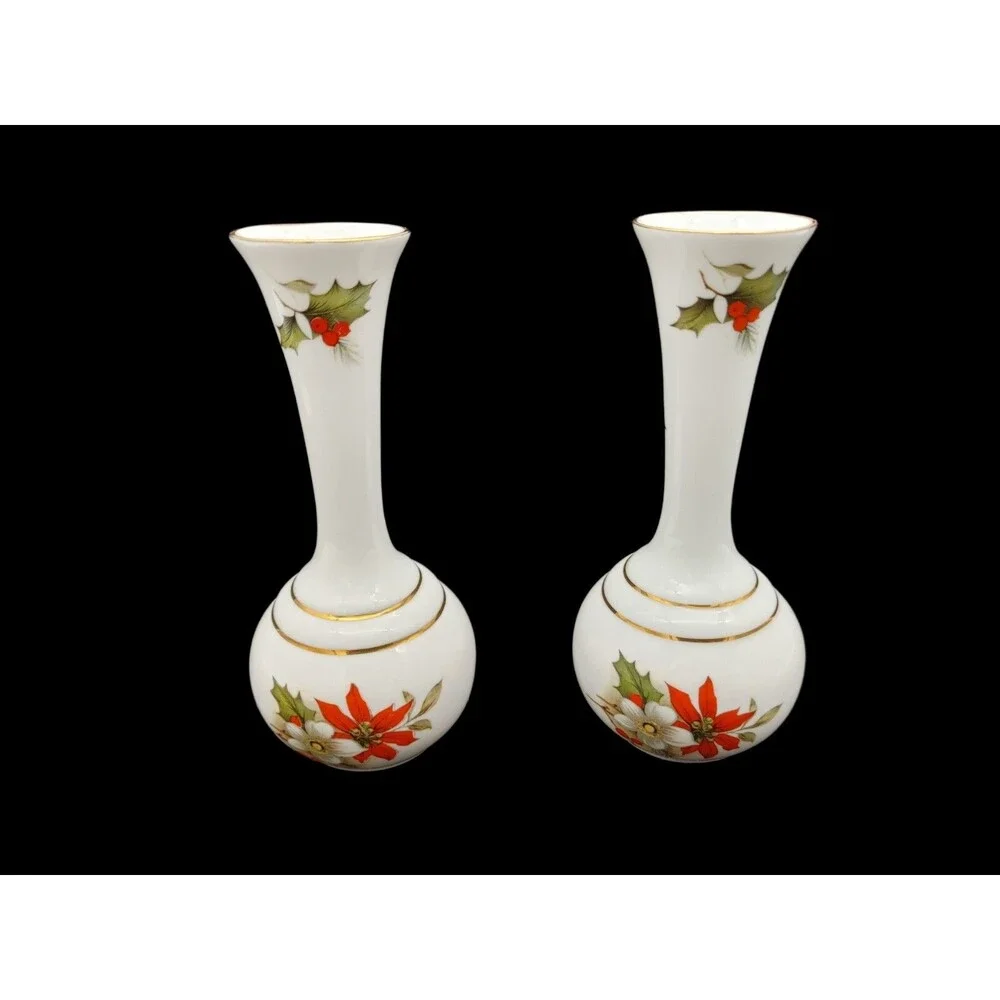 Pair (2) Vintage Camelot Fine Bone China Christmas Bud Vases Poinsettia 5.25